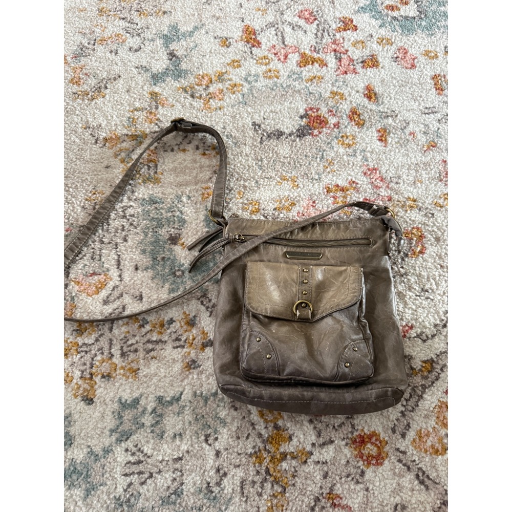 Stone Mountain USA Taupe Gray Faux Leather Crossbody Bag Organizer Purse Studded